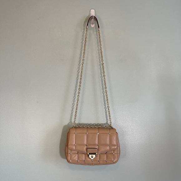 Michael Kors Women's Tan Leather SoHo Chain Quilted Shoulder Crossbody Sling Bag - Picture 3 of 14